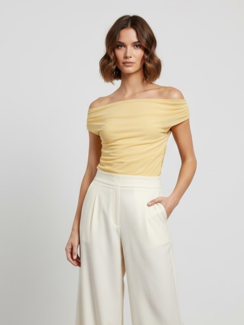 1310 • Butter Cool Mesh Lined Ruched Off Shoulder Top